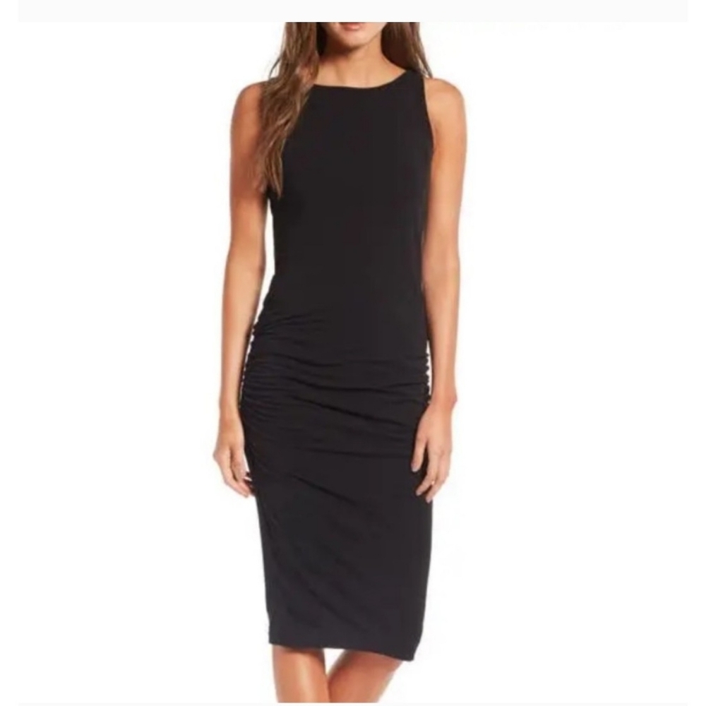 James Perse Women's Boatneck Ruched Bodycon Dress Sleeveless Black Size Large